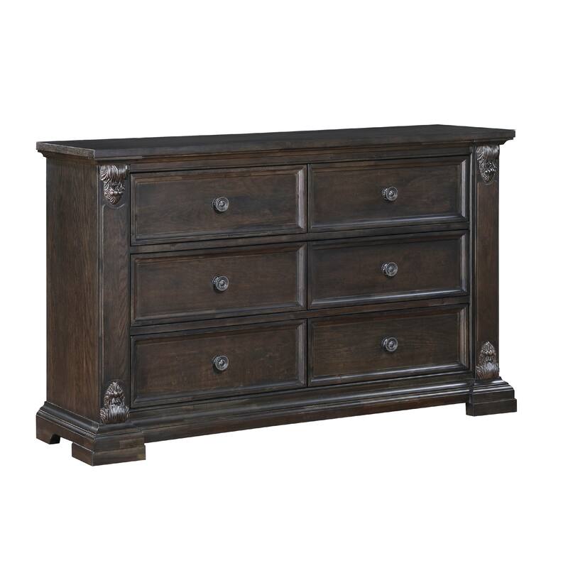 Walz 66 Inch Wide Dresser, 6 Drawers, Espresso Brown with Black Knobs