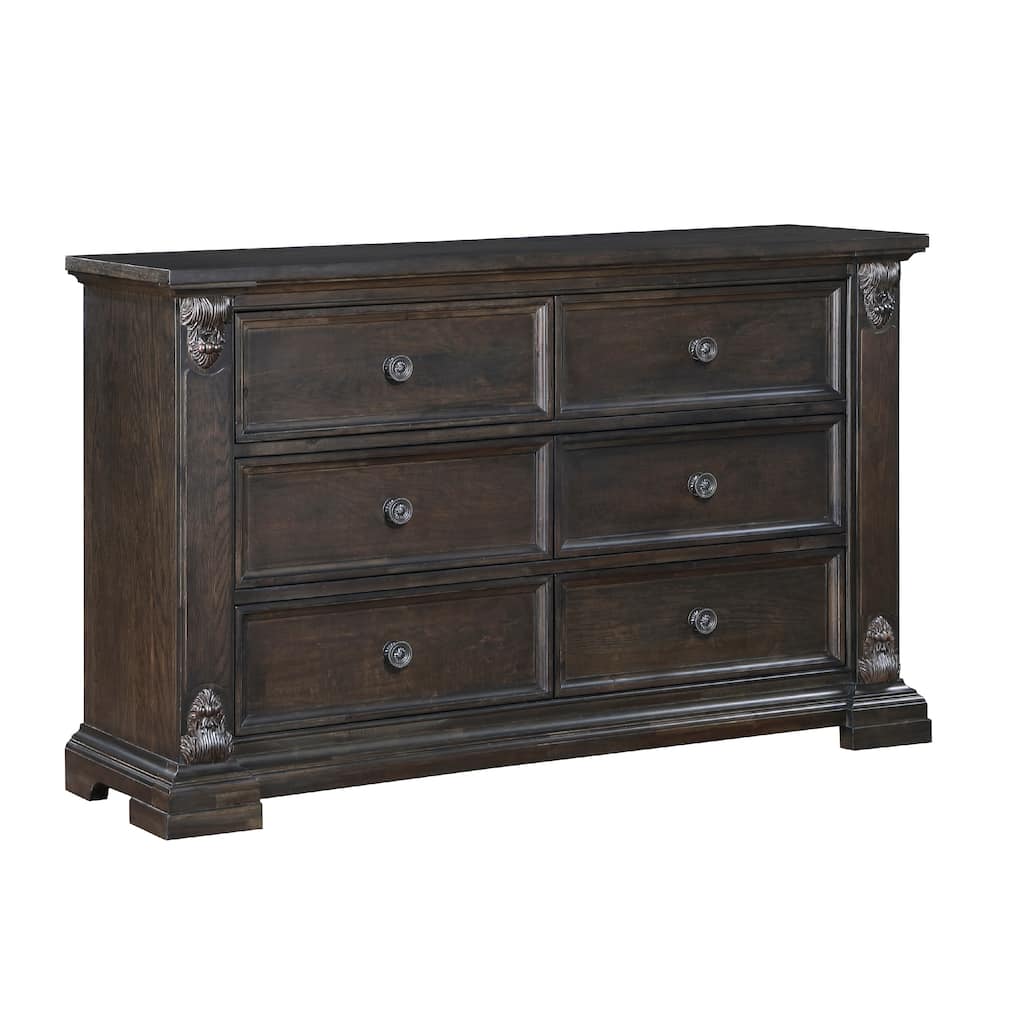 Walz 66 Inch Wide Dresser, 6 Drawers, Espresso Brown with Black Knobs