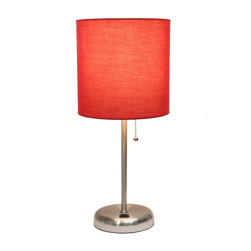 Contemporary Brushed Steel Bedside Table Desk Lamp with Drum Shade - 19.5" - Silver and Red