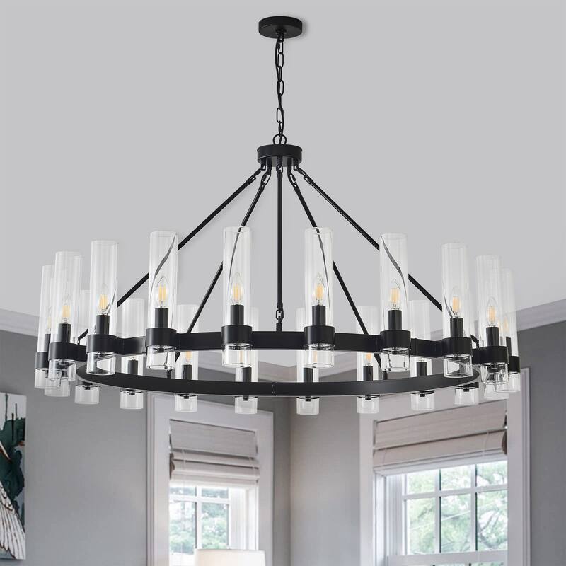 Modern 20 - Light Wheel Chandelier with Clear Glass Shade - Matte Black