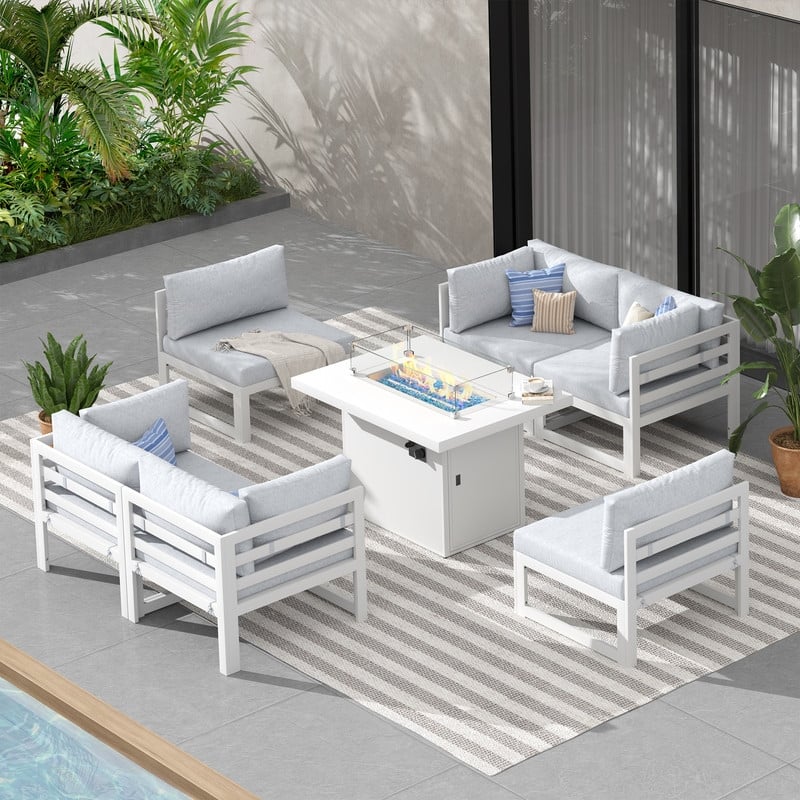 FINCATI White Aluminum Modern Patio Furniture Sectional Sofa Set with Cushion - 7 Pieces - Light Grey