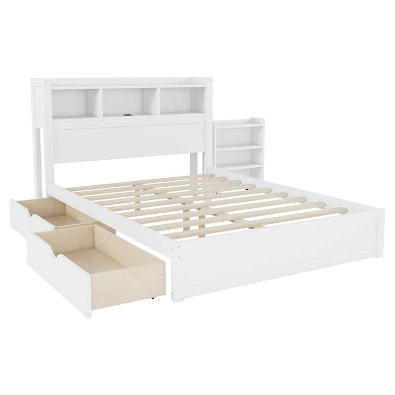 Platform Bed with Storage Headboard Pull Out Storage Cabinet, Bookcase Bed with Drawers, Wood Wingback Bed with Light and Socket