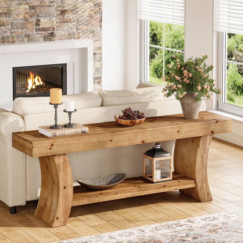 2-Tier Low Solid Wood Console Table for Living Room Entryway Hallway