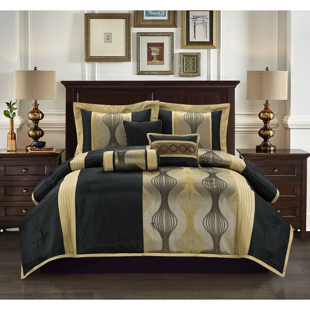 Grand Avenue Daniella 7-Piece Modern Geometric Comforter Set - Black/Gold - Queen