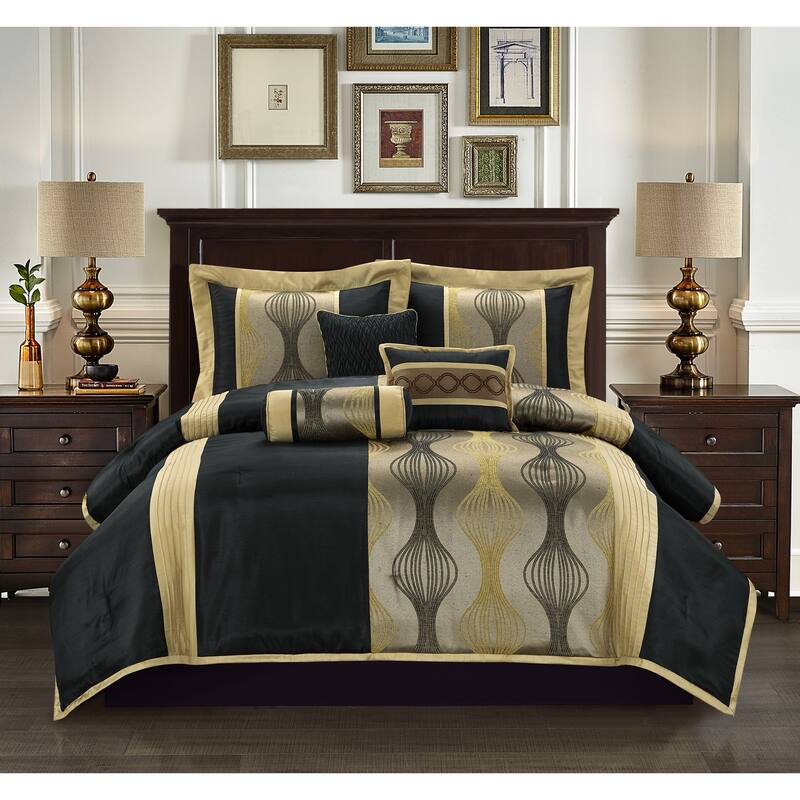 Grand Avenue Daniella 7-Piece Modern Geometric Comforter Set - Black/Gold - King