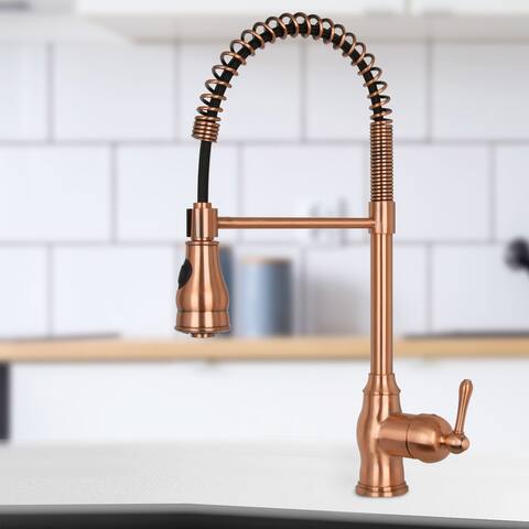 Copper Pre-Rinse Spring Kitchen Faucet, Single Level Solid Brass Kitchen Sink Faucets with Pull Down Sprayer - 8.8x20.9"