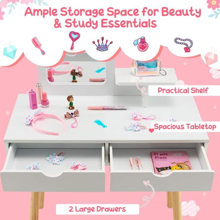Children's Vanity Table and Chair Set with Mirror and 2 Spacious Storage Drawers - N/A