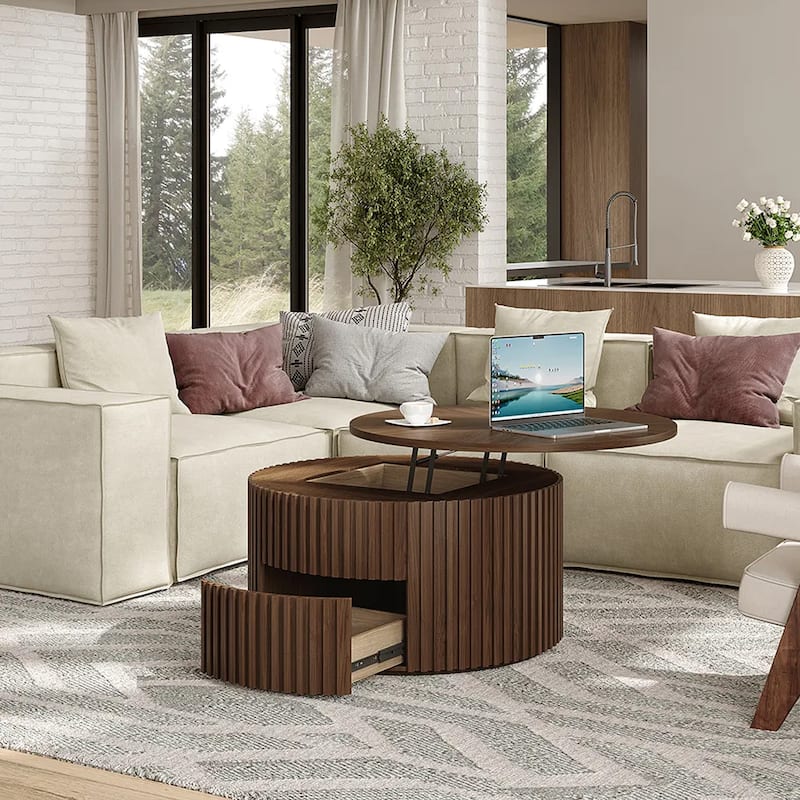31.5'' Lifting Top Round Coffee Table, Wood Coffee Table, Mid-century Modern Walnut Color Coffee Table, Not Assembled Need
