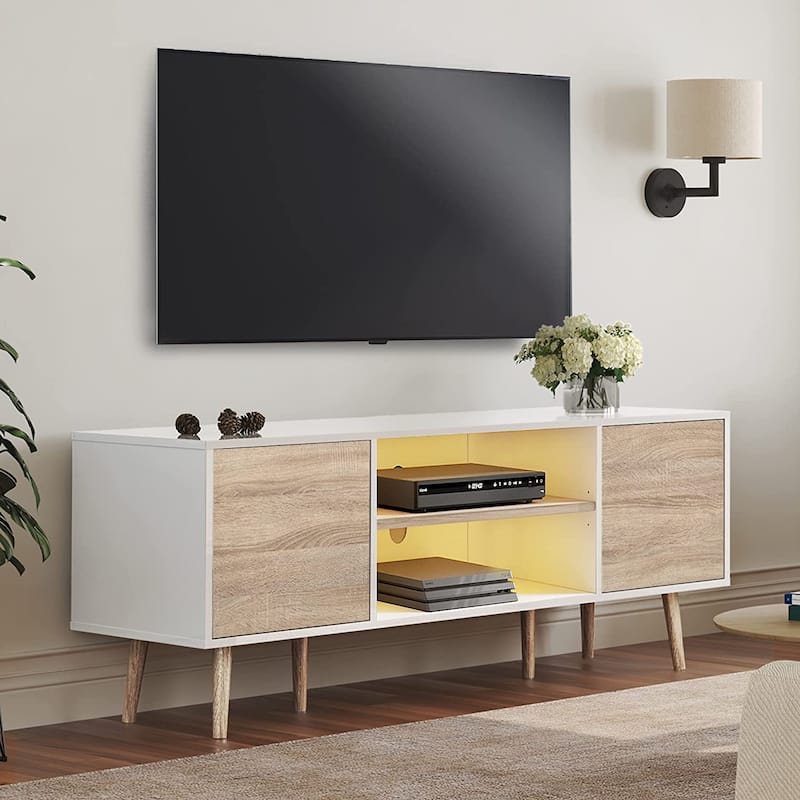 WAMPAT Mid Century Modern TV Stand Entertainment Center - yellow light - White