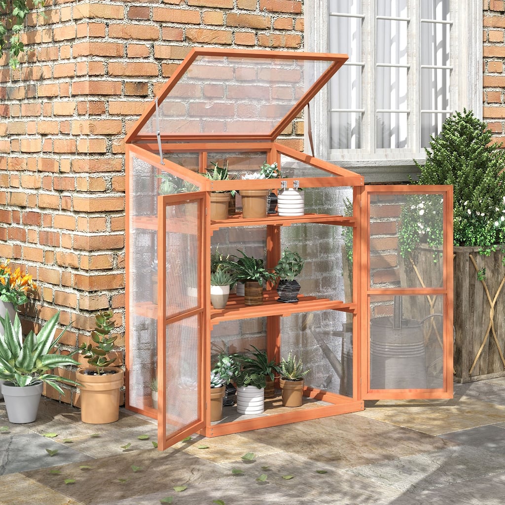 Wooden Greenhouse Shed Garden Plant Shed with Removable Shelves & Openable Roof, Double Lokable Doors, Twin-Wall Panels