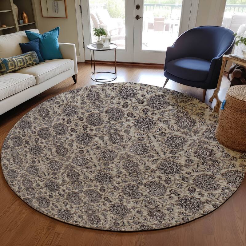 Machine Washable Indoor/ Outdoor Chantille Traditional Floral Rug - Ivory - 8' x 8'