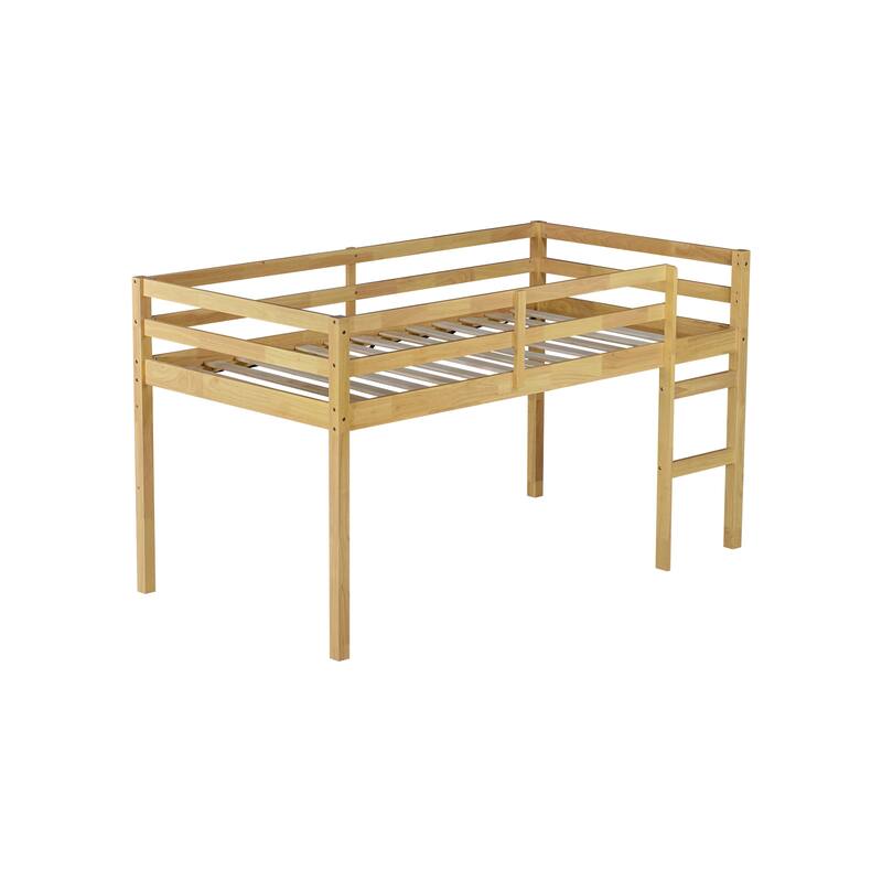 Twin size Rubber Wood Loft Bed with Ladder, 13 Strengthened Slats and Safety Guardrails