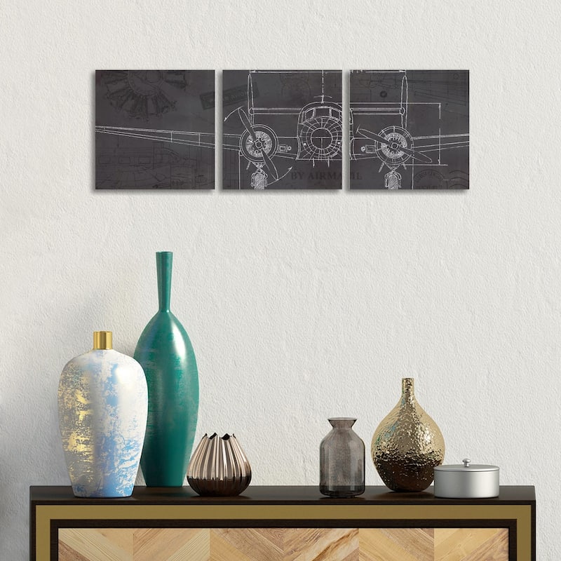iCanvas "Plane Blueprint IV" by Marco Fabiano 3-Piece Canvas Wall Art Set - 12x36x1.5
