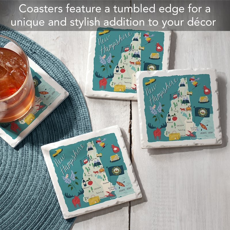 New Hampshire Home 4-Pack Absorbent Stone Coasters with Protective Cork Backing 4" Square Made in The USA Easily Wipes Clean