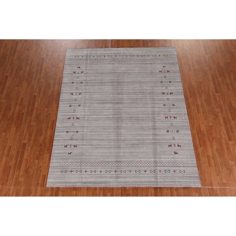 Hand Knotted Oriental 100% Wool Carpet Tribal Animal Pictorial Greys & Charcoal Gabbeh Area Rug - 9' 10'' X 7' 10''