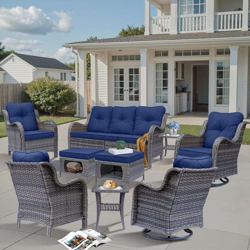 9 Piece Outdoor Wicker Patio Conversation Furniture Swivel Chairs Sets - Navy Blue-Gray Rattan