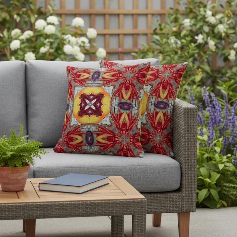 HomeRoots Set of Two 16" X 16" Green and Red Blown Seam Floral Indoor Outdoor Throw Pillow - 16.00' X '16.00' X '5.00 - Green/Red - 16.00' X '16.00' X '5.00