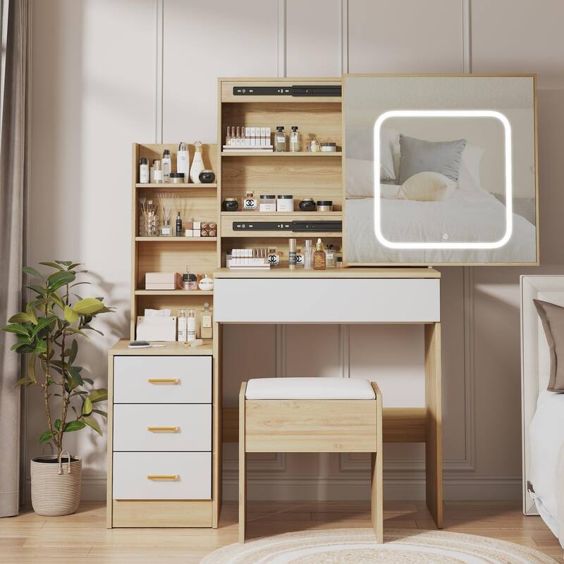 Vanity Desk with Mirror and LED Lights - Natural