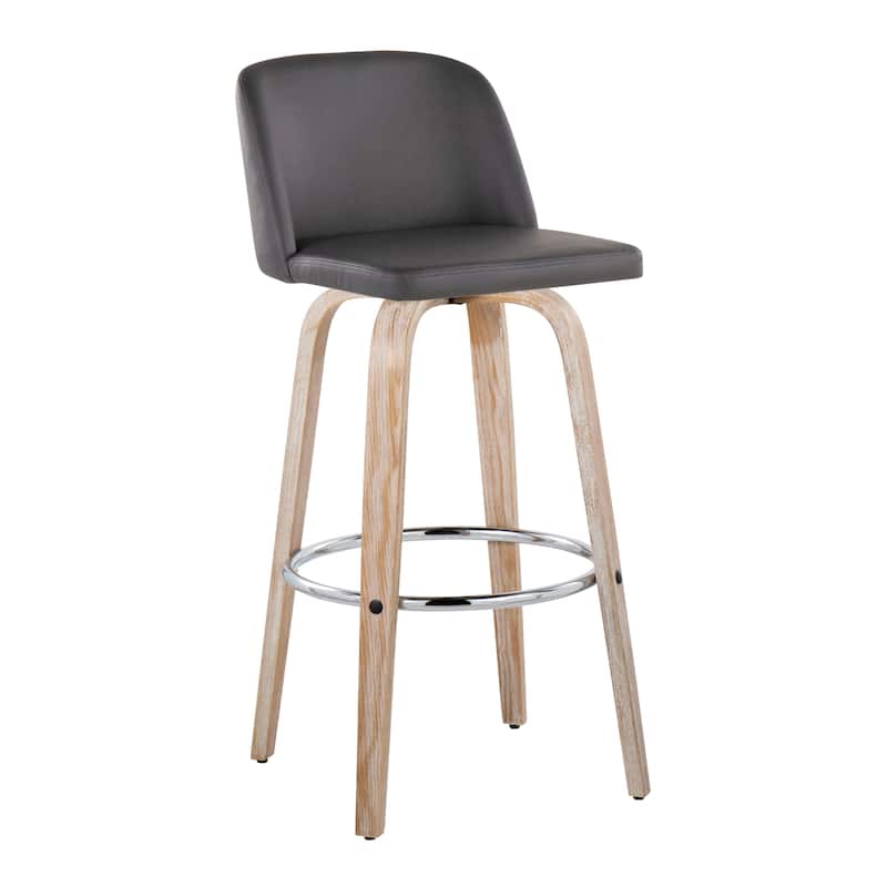 The Gray Barn Vallberga 30" Fixed-Height Bar Stool with White Washed Wood Base (Set of 2) - Grey Faux Leather/Round Chrome Footrest