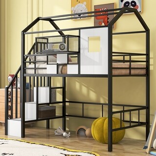 Twin Metal Loft Bed with Roof Design and Built-in Storage Box for Cozy and Functional Children's Rooms