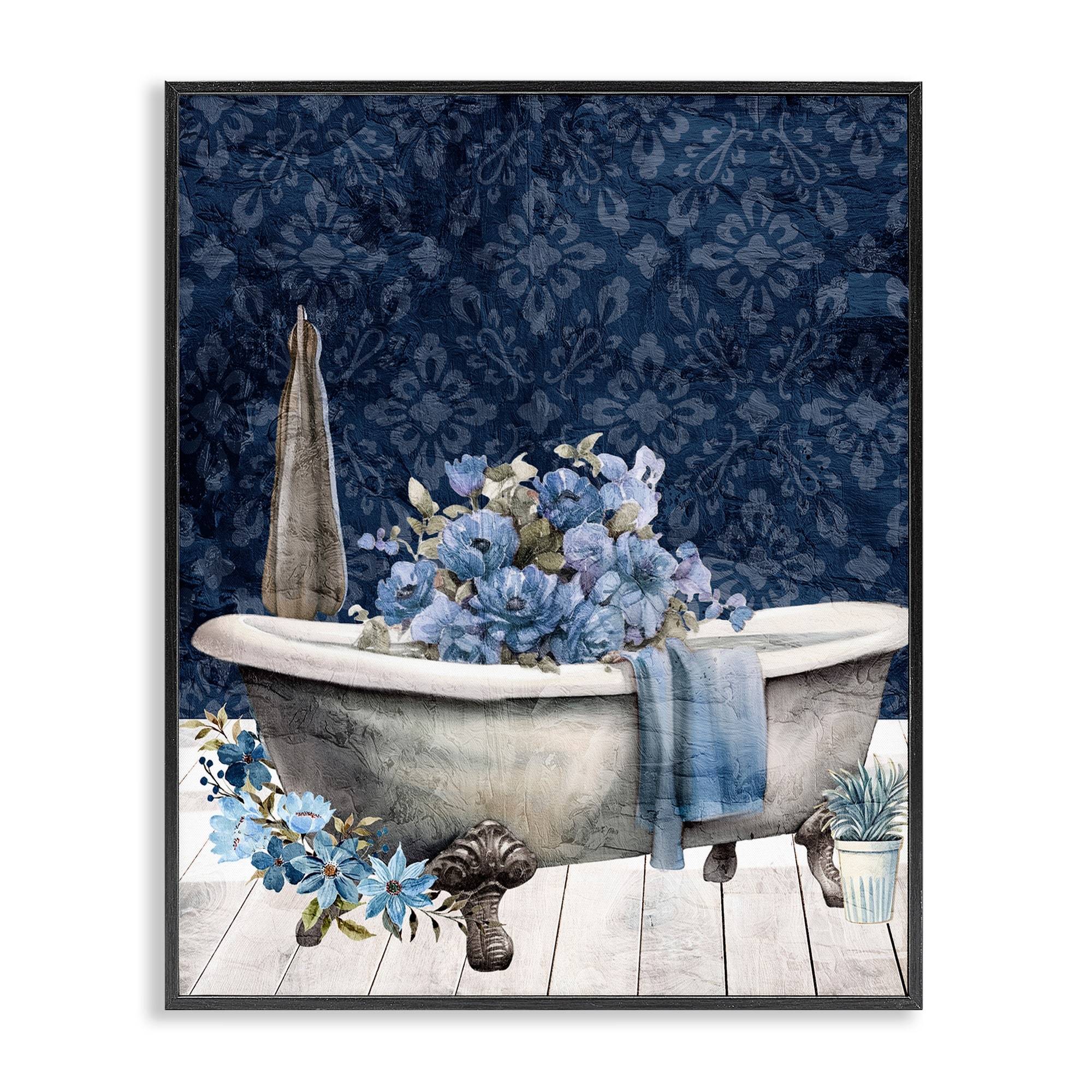 Stupell Blue Bath Floral Tub Framed Giclee Art Design By Kim Allen