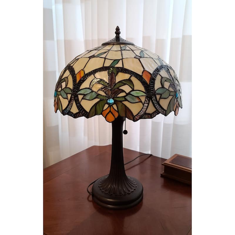 Tiffany Style Table Lamp 23" Tall Stained Glass Tan Orange Floral Flower Decor Bedroom Handmade Gift Amora Lighting