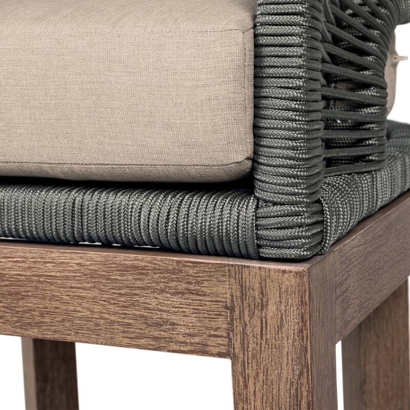 Orbit Boho Gray Rope and Solid Eucalyptus Wood Outdoor Bar Stool with Taupe Olefin Cushions