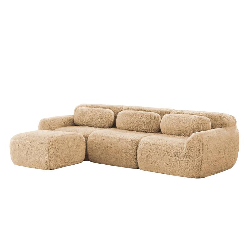 Anmytek Modern L-Shaped Boneless Sofa - Soft Fluffy Plush 32D High Density Sponge with Throw Pillows Movable Ottoman