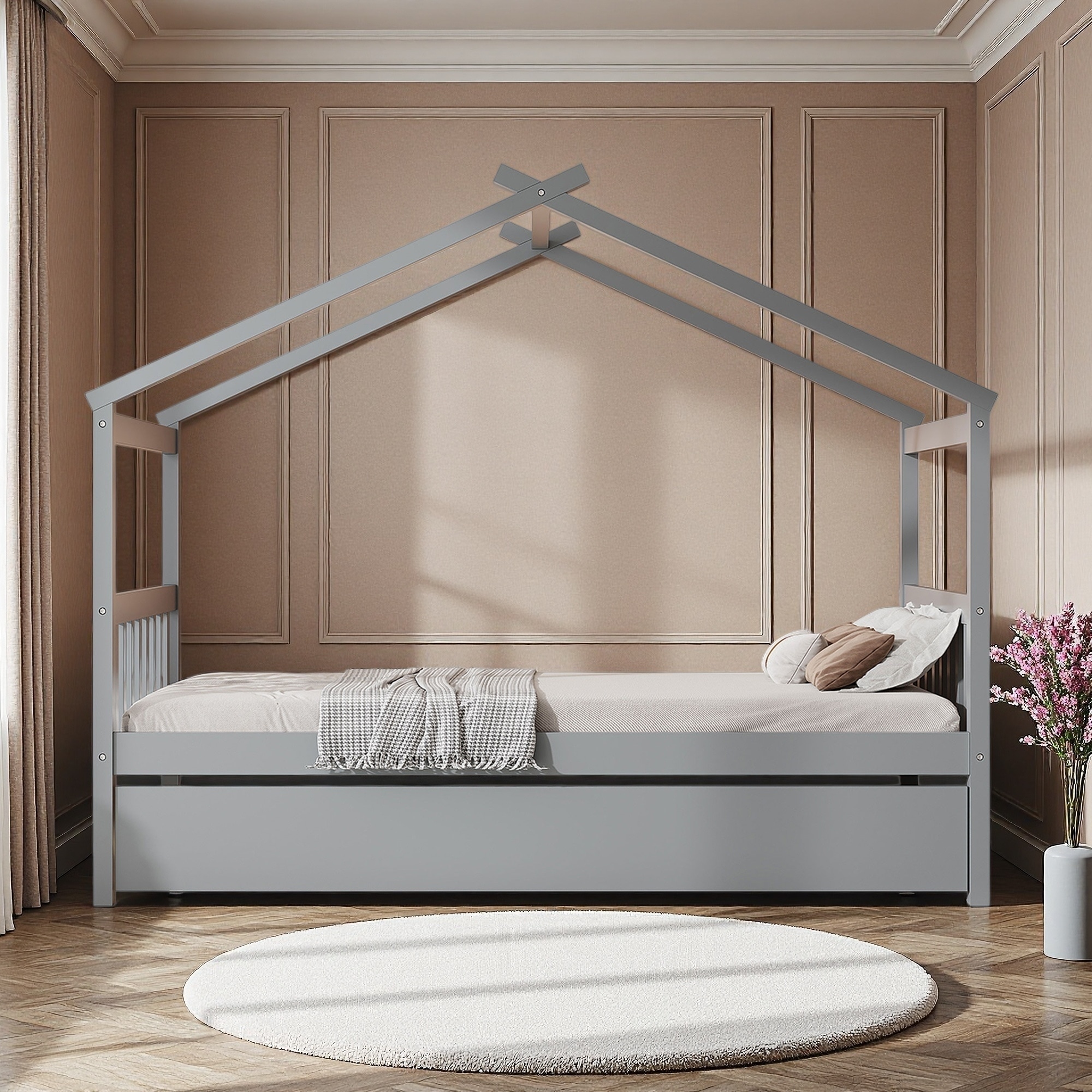 Wooden House Trundle Bed with Twin Trundle