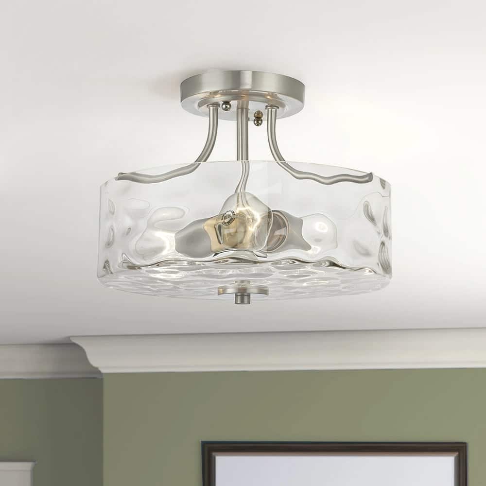 2-Light Modern Clear Hammered Glass Drum Semi-flush Mount - Nickel