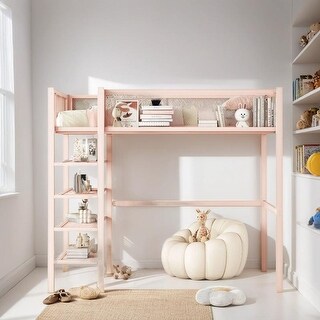 Full Size Loft Bed with 4-Tier Storage Shelves, Metal Bed with Full Length Guardrail, Kid's Bed for Bedroom, Pink