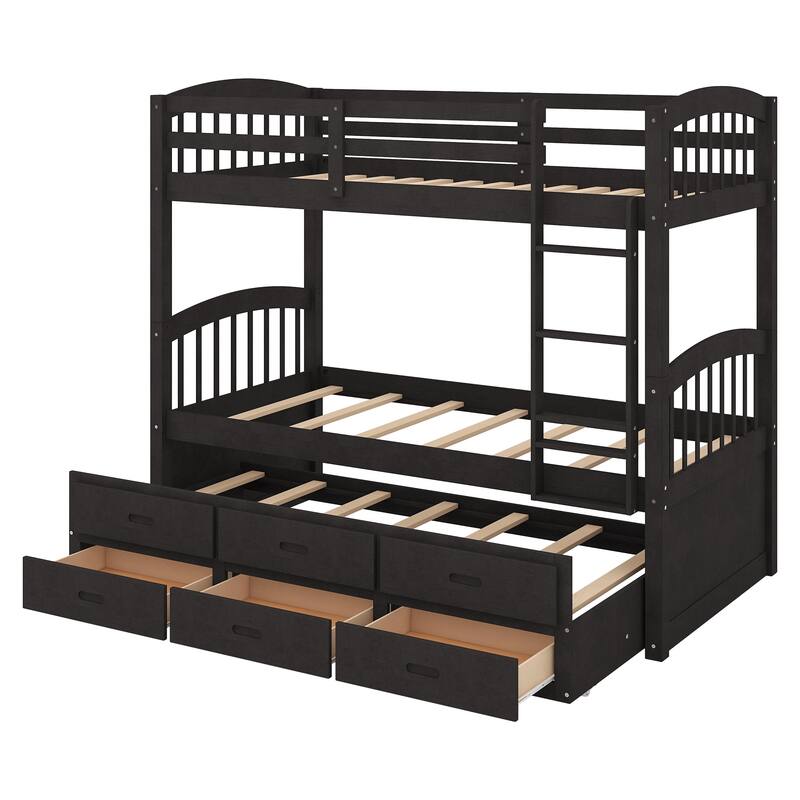 Twin Solid Wood Bunk Bed with Trundle, Drawers, and Ladder