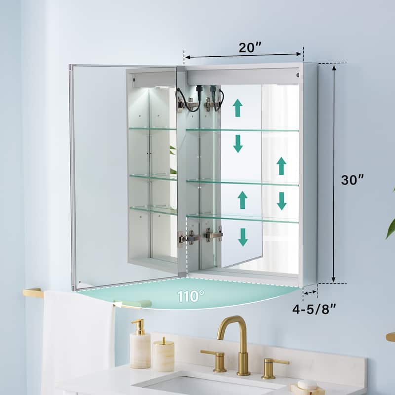30" H Recessed or Surface LED Mirror Cabinet with Adjustable Glass Shelves,Defogger, Dimmer And Outlets & USB Ports