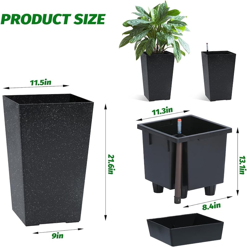 2-Pack 21.7-Inch Tall Planters with Drainage Holes Water Level Monitor and Inner Bucket Black