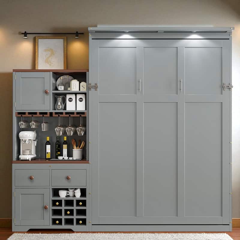 Queen Murphy Bed with Storage Cabinet, Wine Rack & Glass Holder, Multicolor LED, Drawers, 600 lb Capacity, 6-8 in Mattress - Grey - Queen