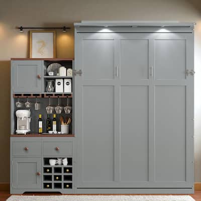 Queen Murphy Bed with Storage Cabinet, Wine Rack & Glass Holder, Multicolor LED, Drawers, 600 lb Capacity, 6-8 in Mattress