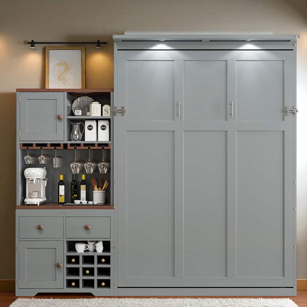 Queen Murphy Bed with Storage Cabinet, Wine Rack & Glass Holder, Multicolor LED, Drawers, 600 lb Capacity, 6-8 in Mattress