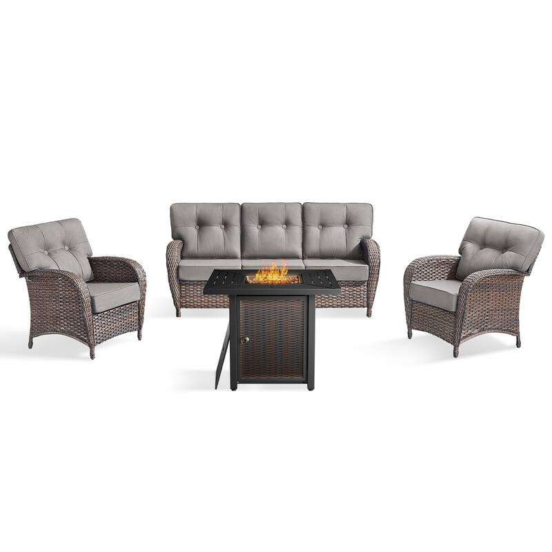 Pocassy Outdoor 30 In Fire Table with Sofa Patio Swivel Chair Set