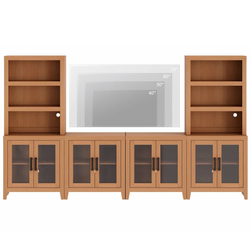 WAMPAT Farmhouse Entertainment Center with Bookshelves, Modular TV Stand with Storage Cabinets & Glass Doors