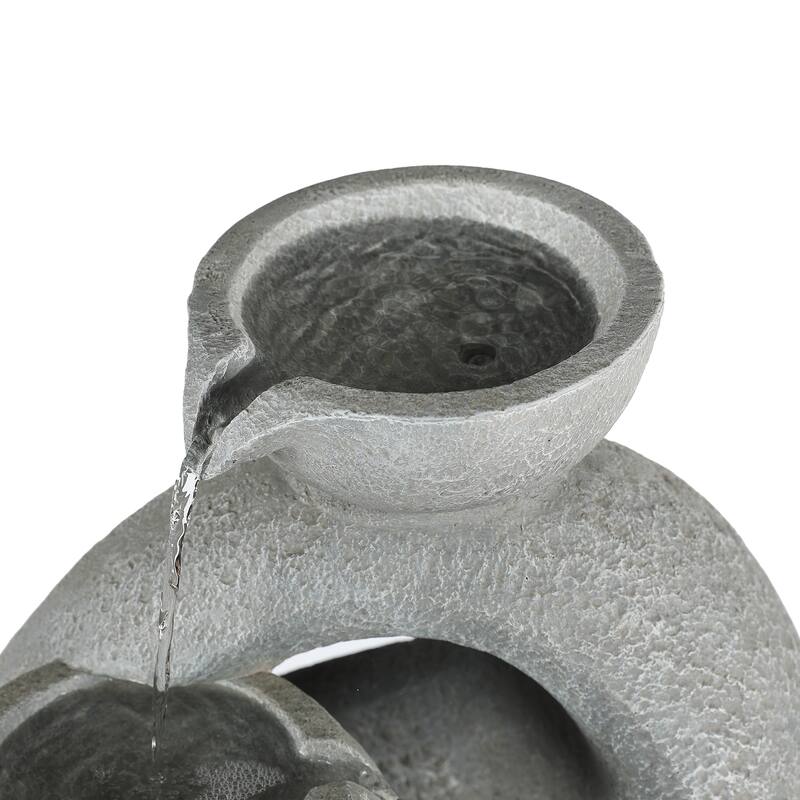 Gray Resin Modern Sculpture Pedestal Outdoor Fountain with LED Light