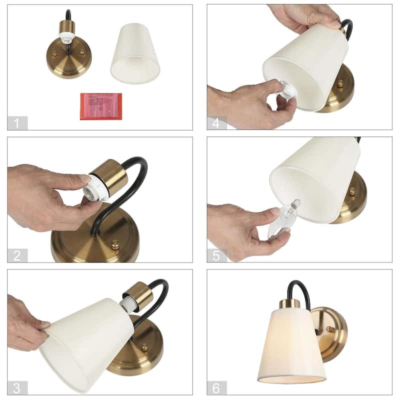 Mid-Century Modern 1-Light Black Gold Wall Sconce Fabric Bathroom Vanity Lights - L 4.9" x W 7.1" x H 8.3"
