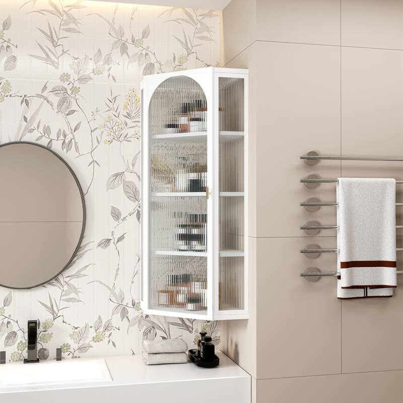 Glass Door Wall Mounted Corner Cabinet with Featuring Four-tier Storage White - White