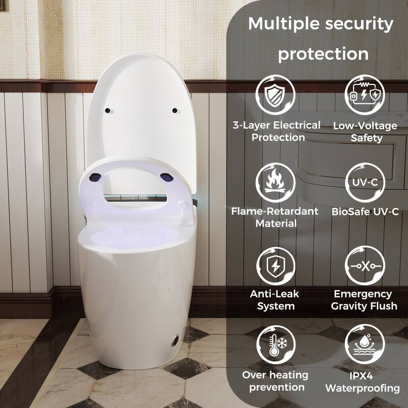 Smart One-Piece Toilet with Built-in Bidet, Heated Seat, Auto Open Lid, UV-C Sterilization, Remote Control, White