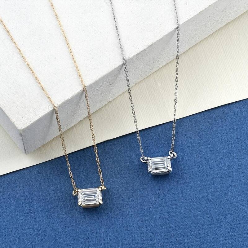 3/4 Ct Emerald Cut Sideways Lab Grown Diamond Pendant Gold Necklace