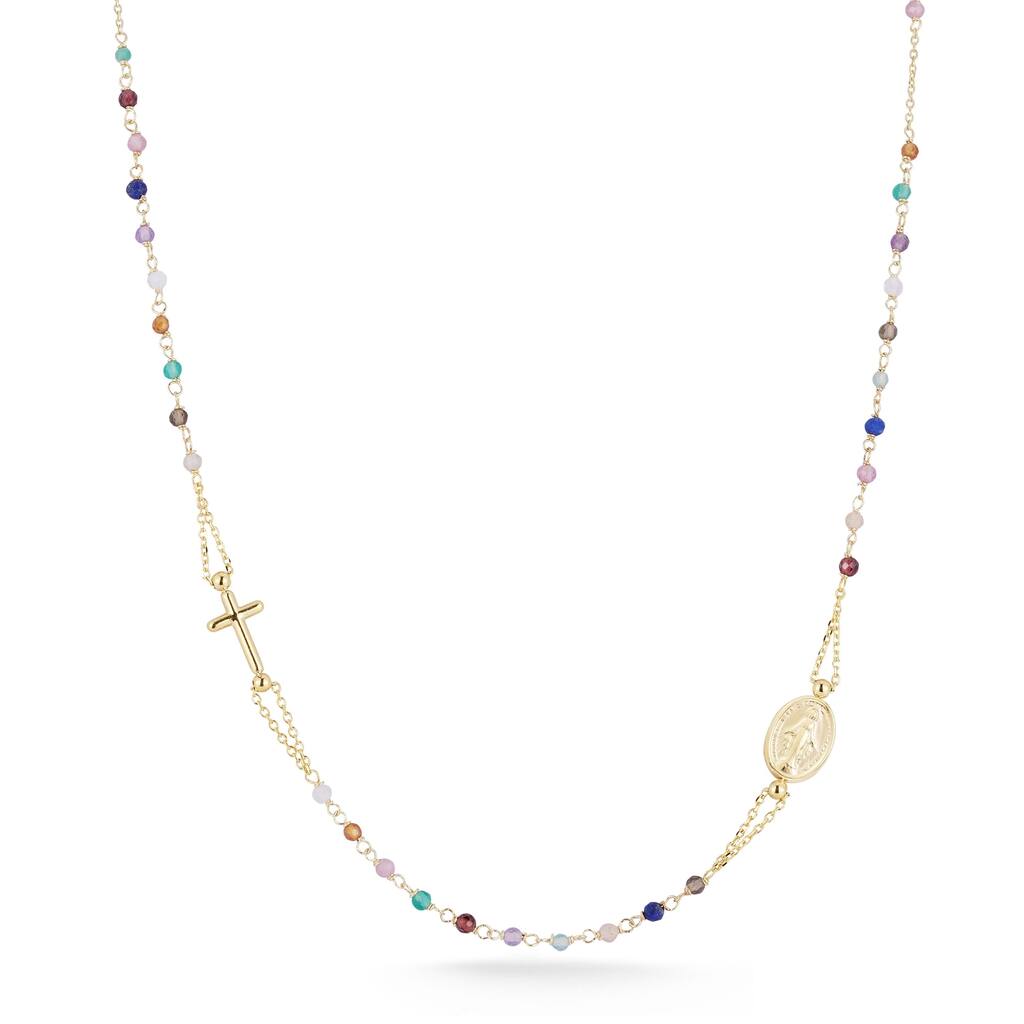 Soleil 14K Gold Beaded Gemstone Religious Necklace, Made in Italy