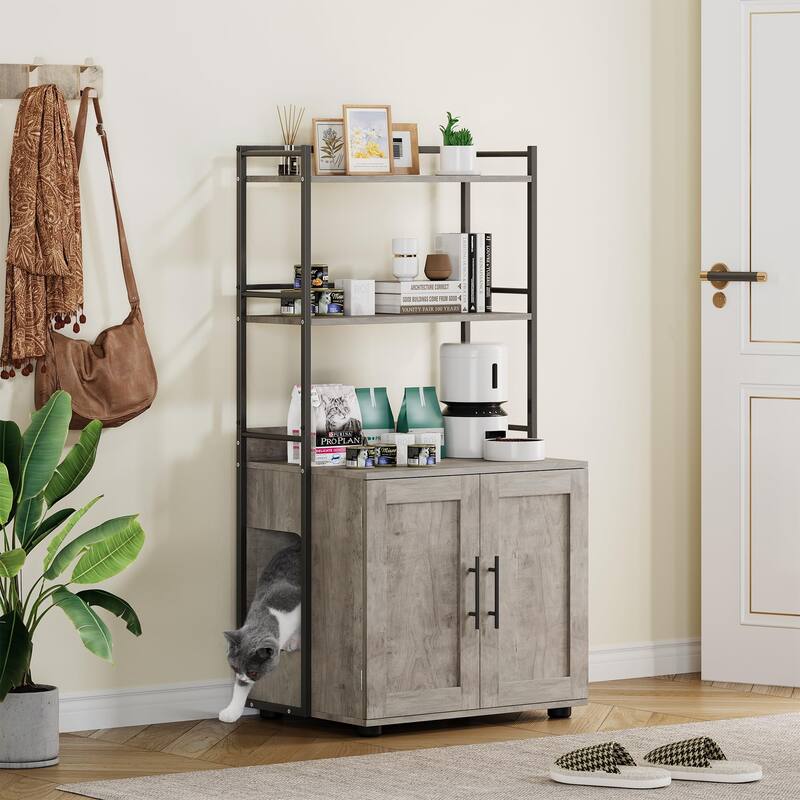 2-in-1 Cat Litter Box Enclosure with with 3 Shelves and Door