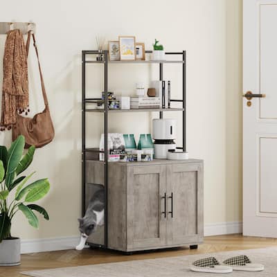 2-in-1 Hidden Cat Litter Box,Hidden Cat Box Enclosure with 3 Shelves and Door,Indoor Cat Cabinet