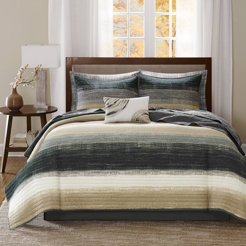 Madison Park Essentials Barret Quilt Set with Cotton Bed Sheets - Taupe - Full