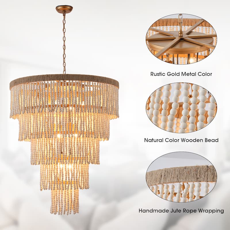 Bohemian Tiered Wood Beads Shade 9-Light Coastal Chandelier Light
