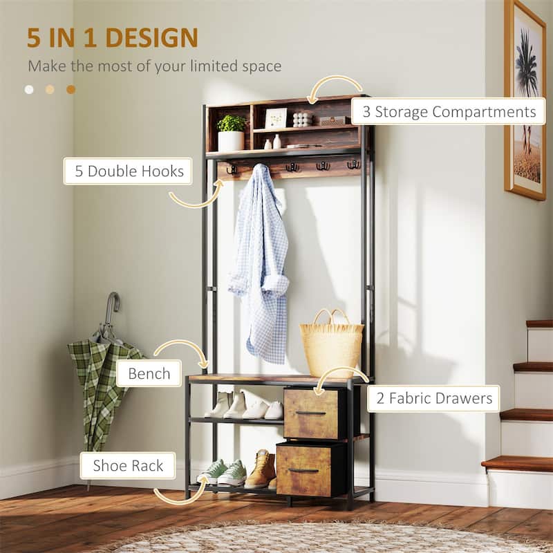 5-in-1 Hall Tree with Bench Coat Hooks and Storage Drawers for Entryway Hallway or Mudroom - 31.5" W x 11.8" D x 70.9" H